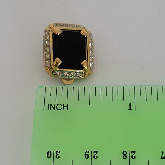 Nina Ricci Black Rectangle Onyx Clear Rhinestone Gold Tone Clip On Earrings - Picture 7 of 8
